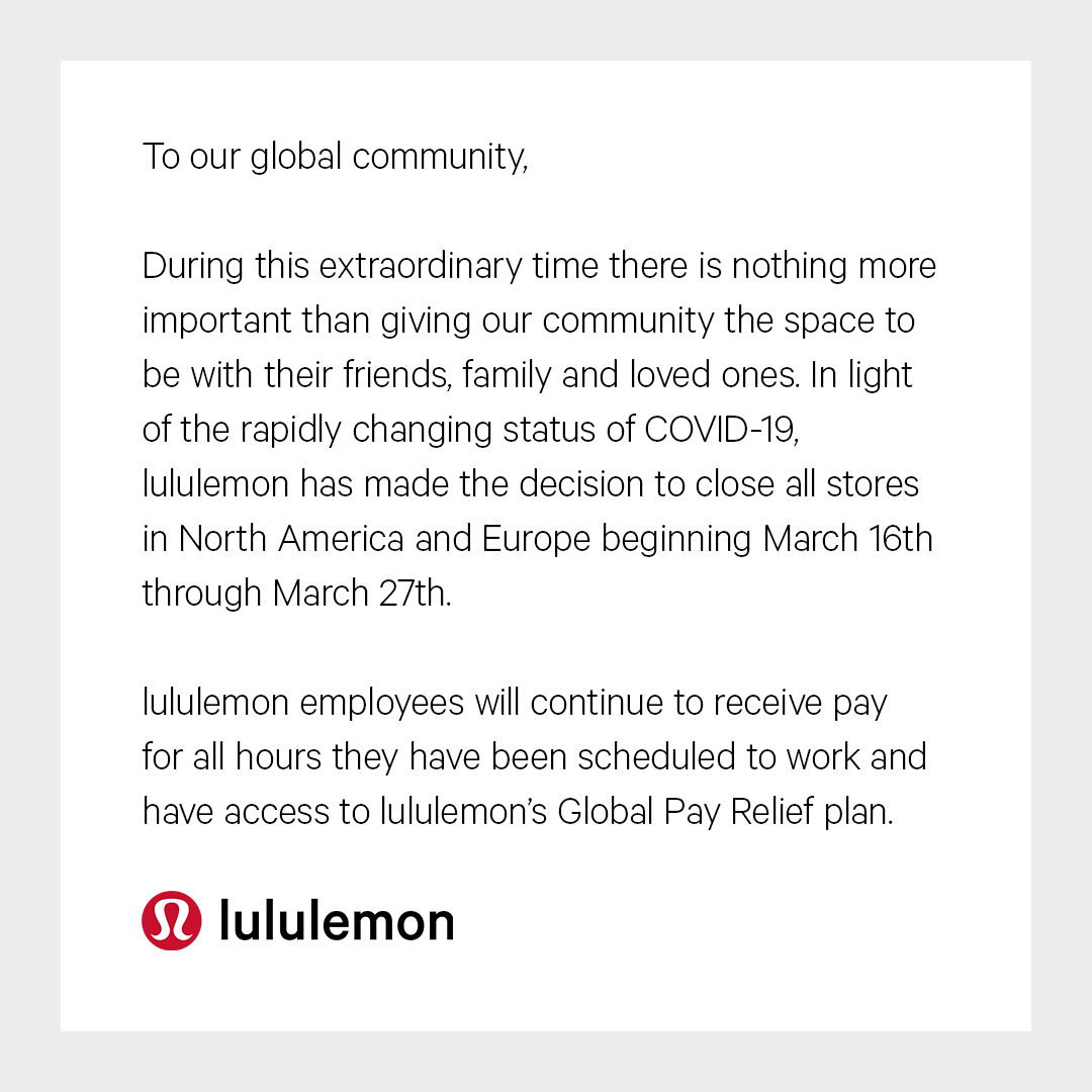 Corona Virus Closures Lululemon and Lush to Close All Stores March 16, Corona Virus Retail Closures 