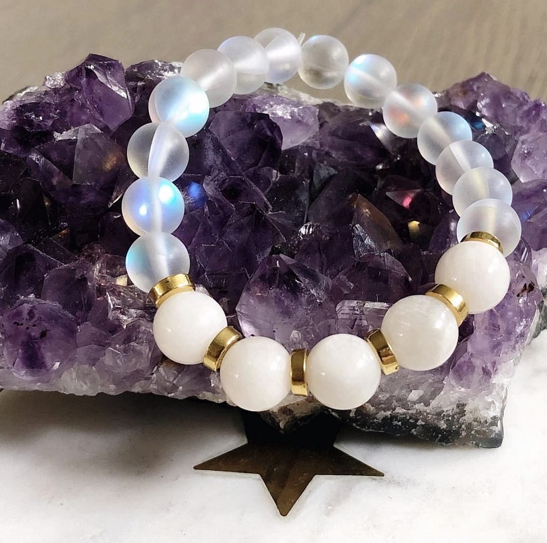 Empress Mala Designs, Moonstone and Aura Quartz Mala Bead Bracelet, Made In Canada