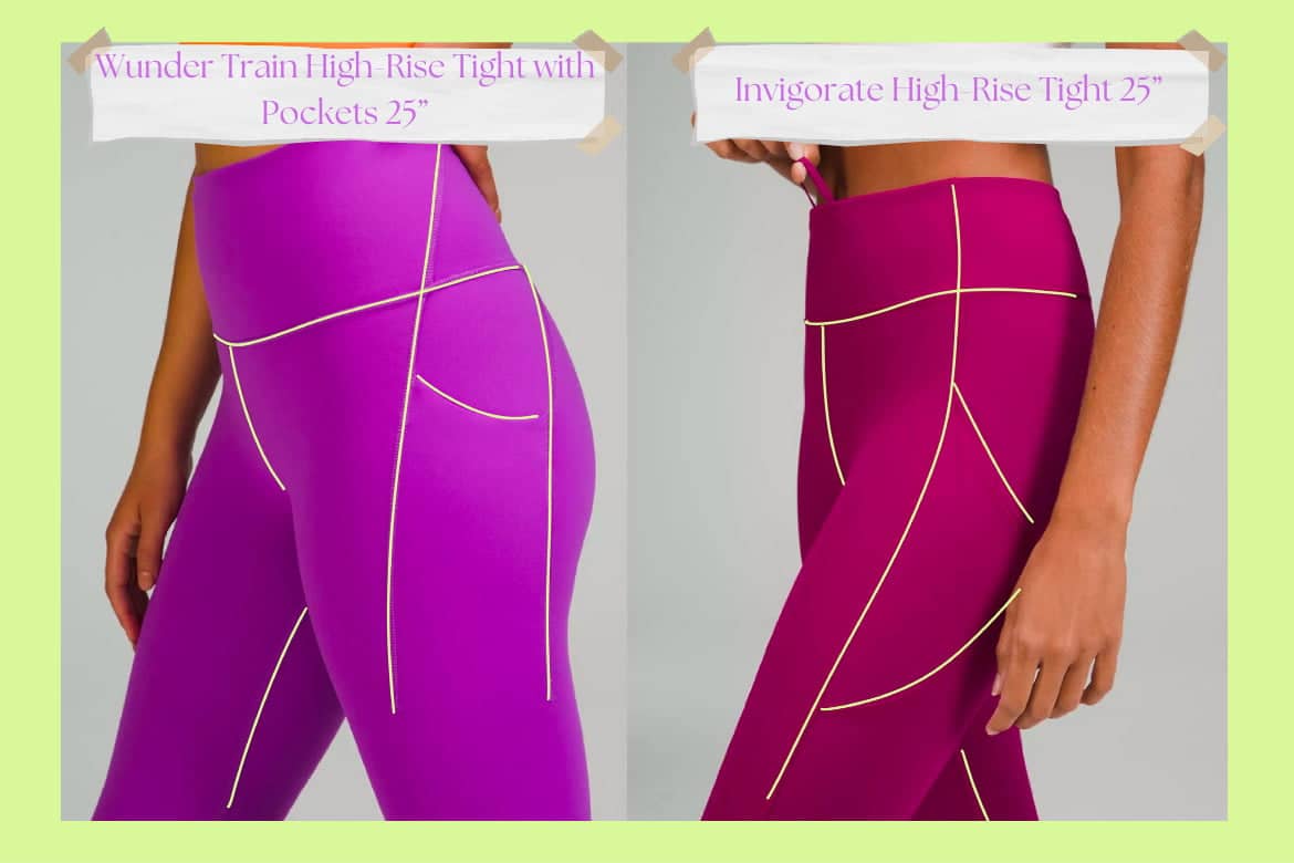 Diagram showing the main seam differences in the lululemon tights - lululemon wunder trains vs. lululemon invigorate tights -lululemon leggings to make your butt look bigger