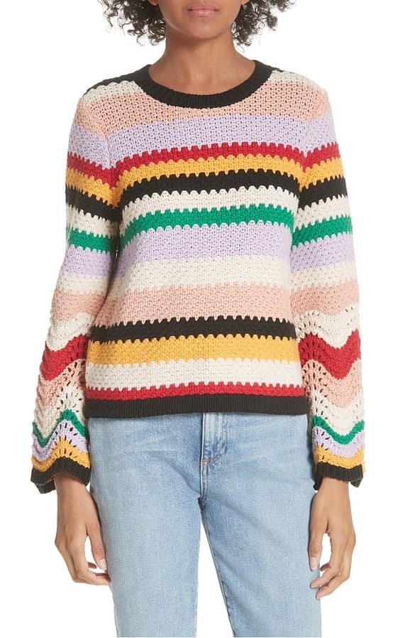 Alice + Olivia Alivia Stripe Bell Sleeve Cotton Blend Sweater