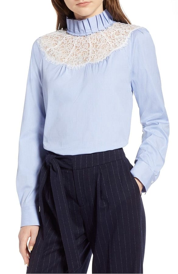 Lace Yoke Poplin Pinstripe Blouse HALOGEN®