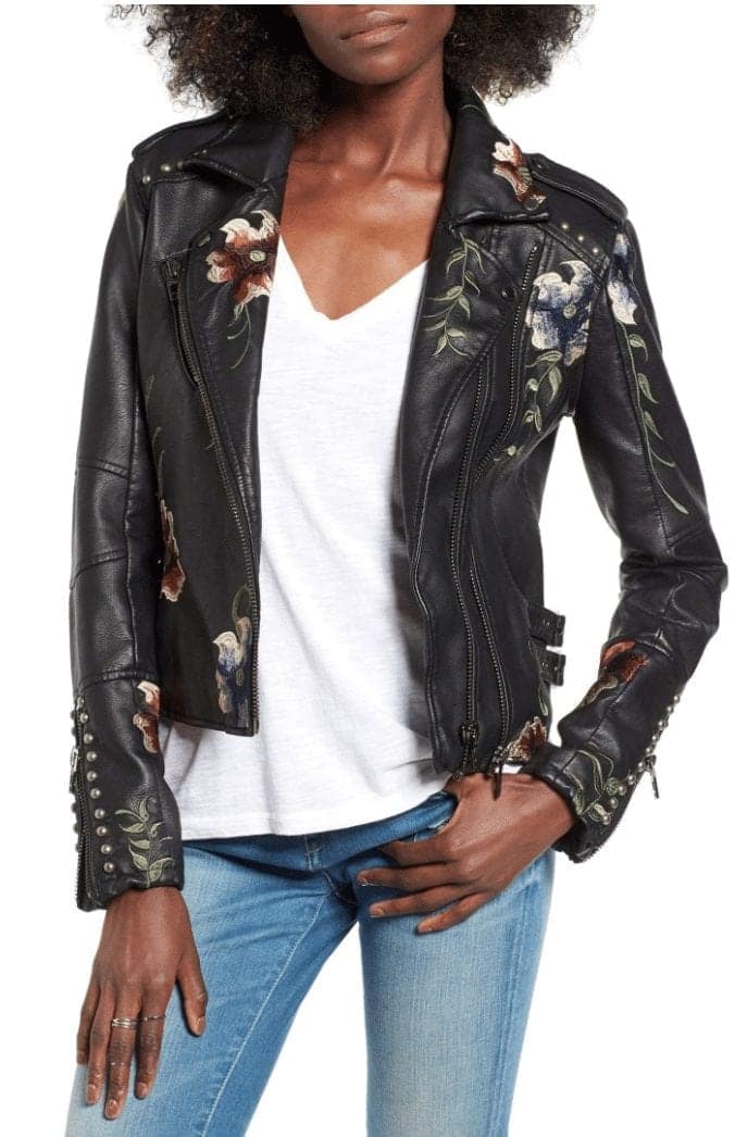 EMBROIDERED FAUX LEATHER MOTO JACKET