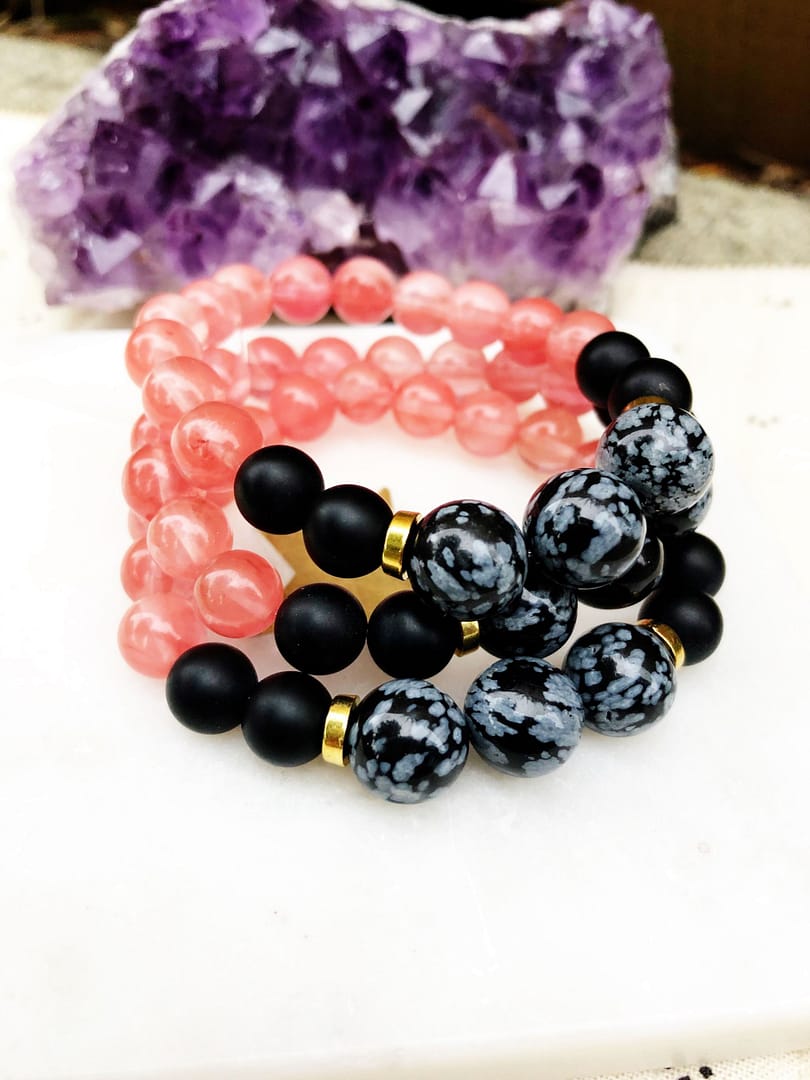 Empress Mala Designs | Cherry Quartz Black Snowflake Obsidian Mala Bead Bracelet