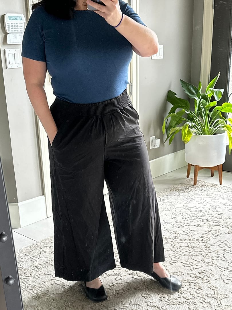 Stretch Woven Ruffle-Waist Wide-Leg Cropped Pant