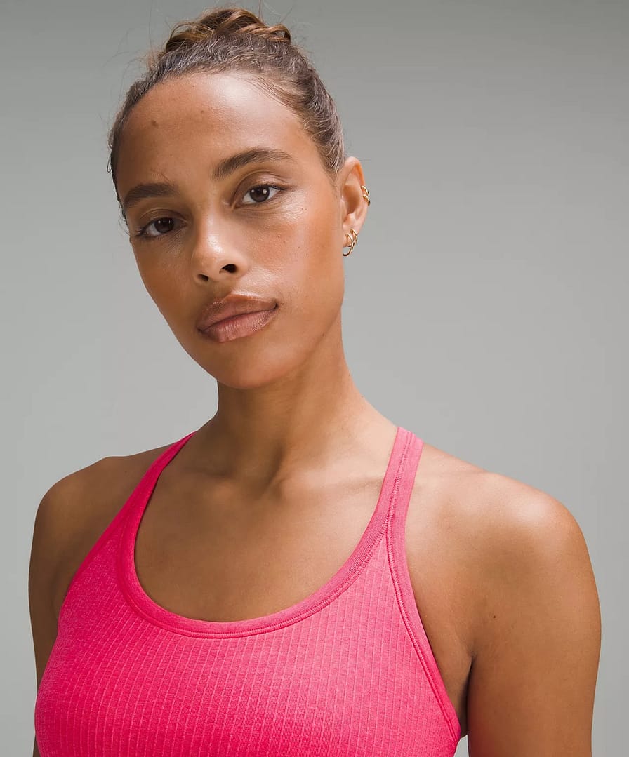 neck line of lululemon women's tank top - Ebb to Street Tank Top - lipgloss to pair with lululemon define jacket