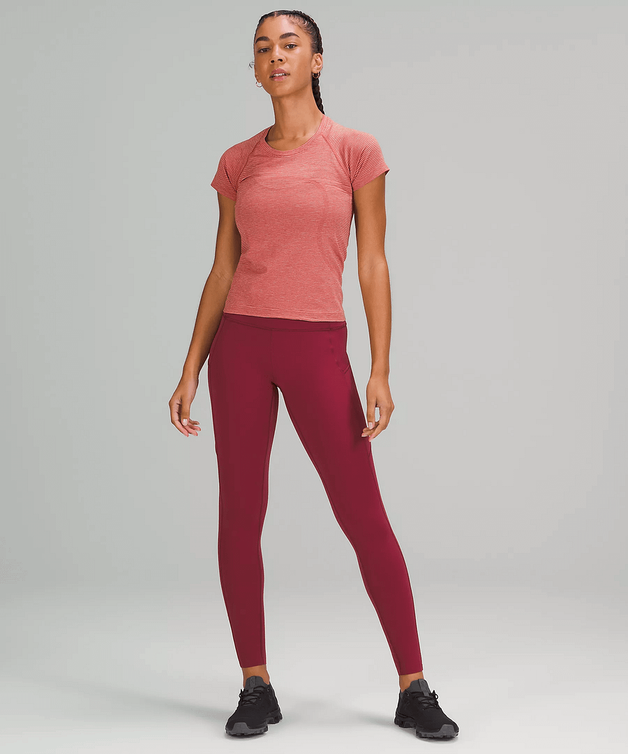 Swiftly Tech Short Sleeve Shirt 2.0 Tetra Stripe Pink Savannah:Pink Mist:Mulled Wine:Red Rock Race Length 2