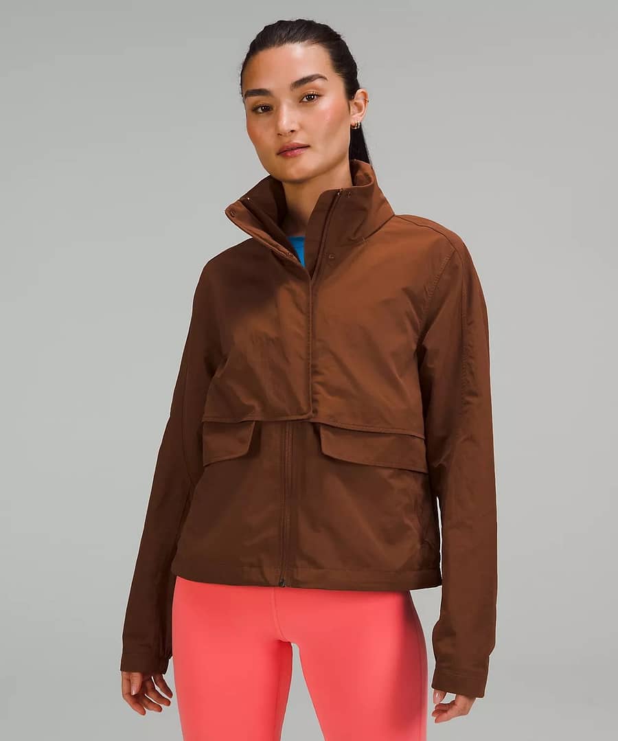 lululemon biker shorts outfit with jacket - burnt brown color