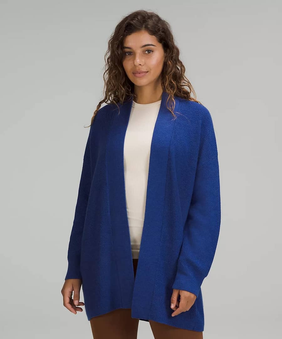 Merino Wool-Blend Ribbed Long Wrap Sweater - heathered psychic blue 3