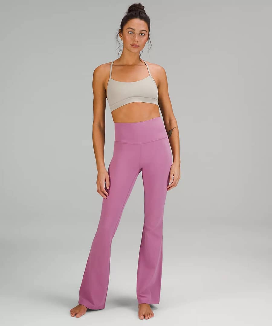 woman in lululemon - Groove Super-High-Rise Flared Pant Nulu - velvet dust - wide leg leggings to pair with lululemon hoodie scuba flashback pullover