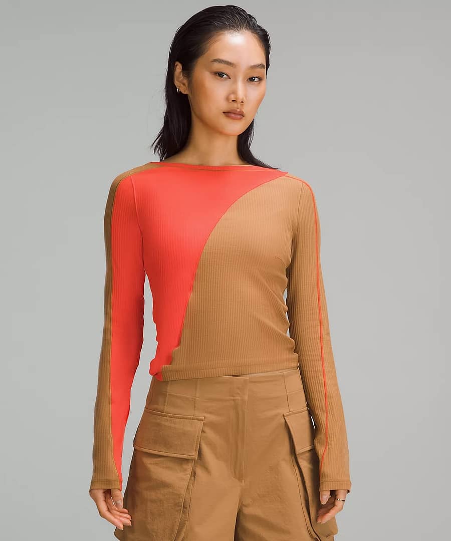 Asymmetrical Ribbed Cotton Long-Sleeve Shirt in orange and brown