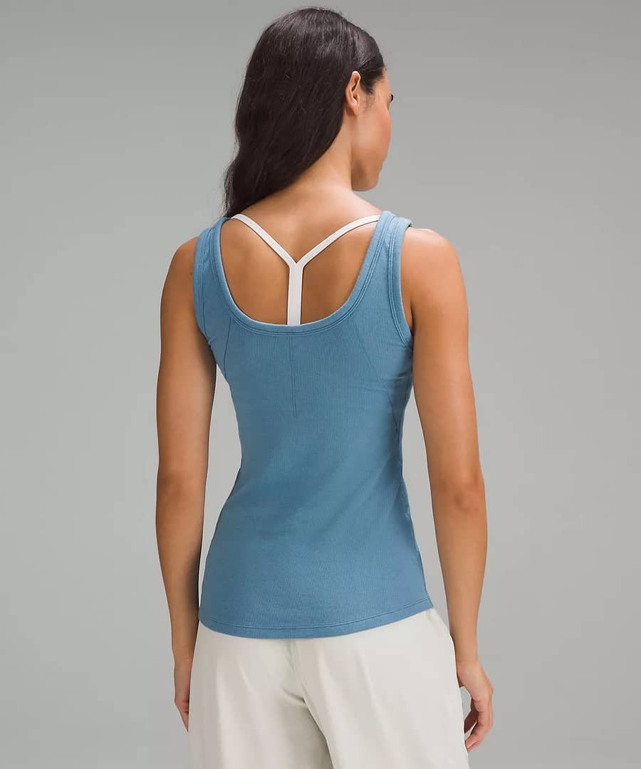 back details of the Hold Tight Scoop Neck Tank Top in light blue