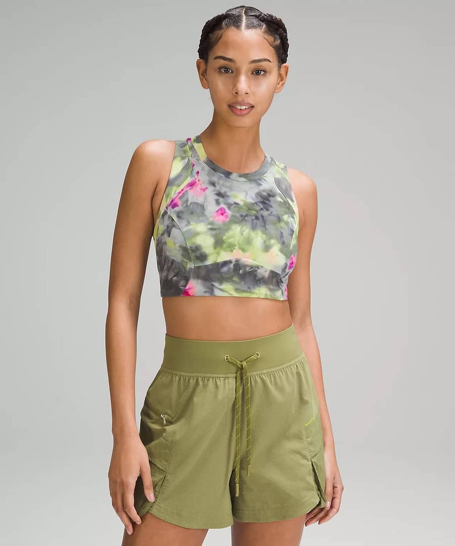 woman in printed Storage Hike Bra and floral leggings from lululemon Restocks