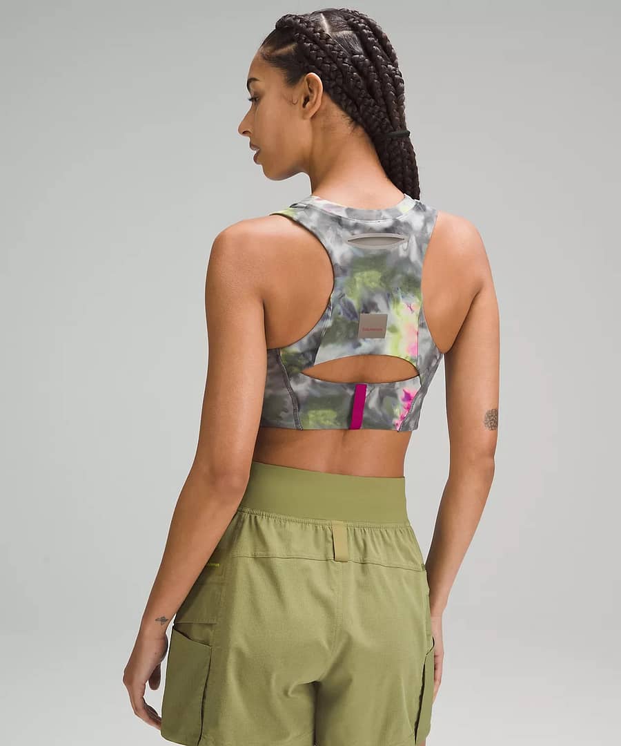 back details of printed Storage Hike Bra and floral leggings from lululemon Restocks