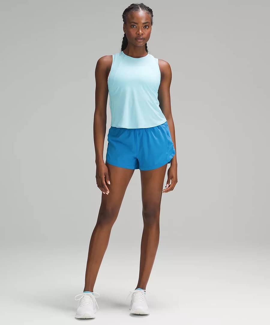 woman in lululemon women's shorts - Track That High-Rise Lined Short 3" - poolside for Lululemon weekly product drop