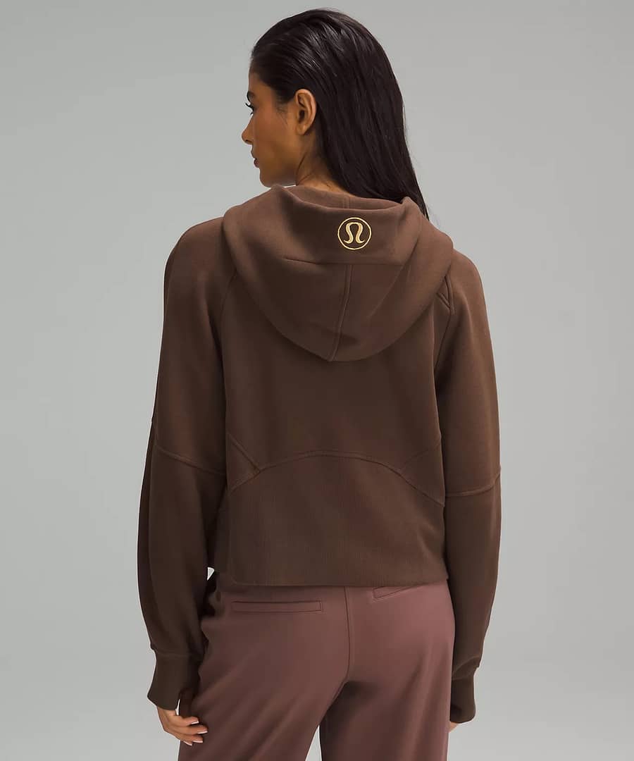 woman wearing lululemon scuba hoodie Oversized Full Zip - java - gold zipper back details