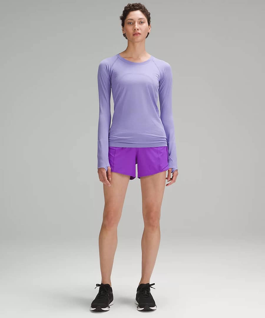 woman wearing Hotty Hot High-Rise Lined Short 4 atomic purple back details for Athleisure Fix