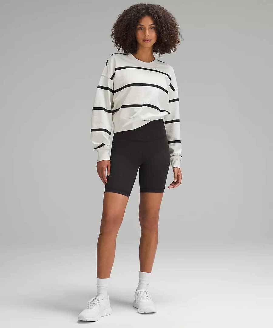 woman Fashionably Fit with Lululemon wearing Perfectly Oversized Cropped Crew Stripe in black and white