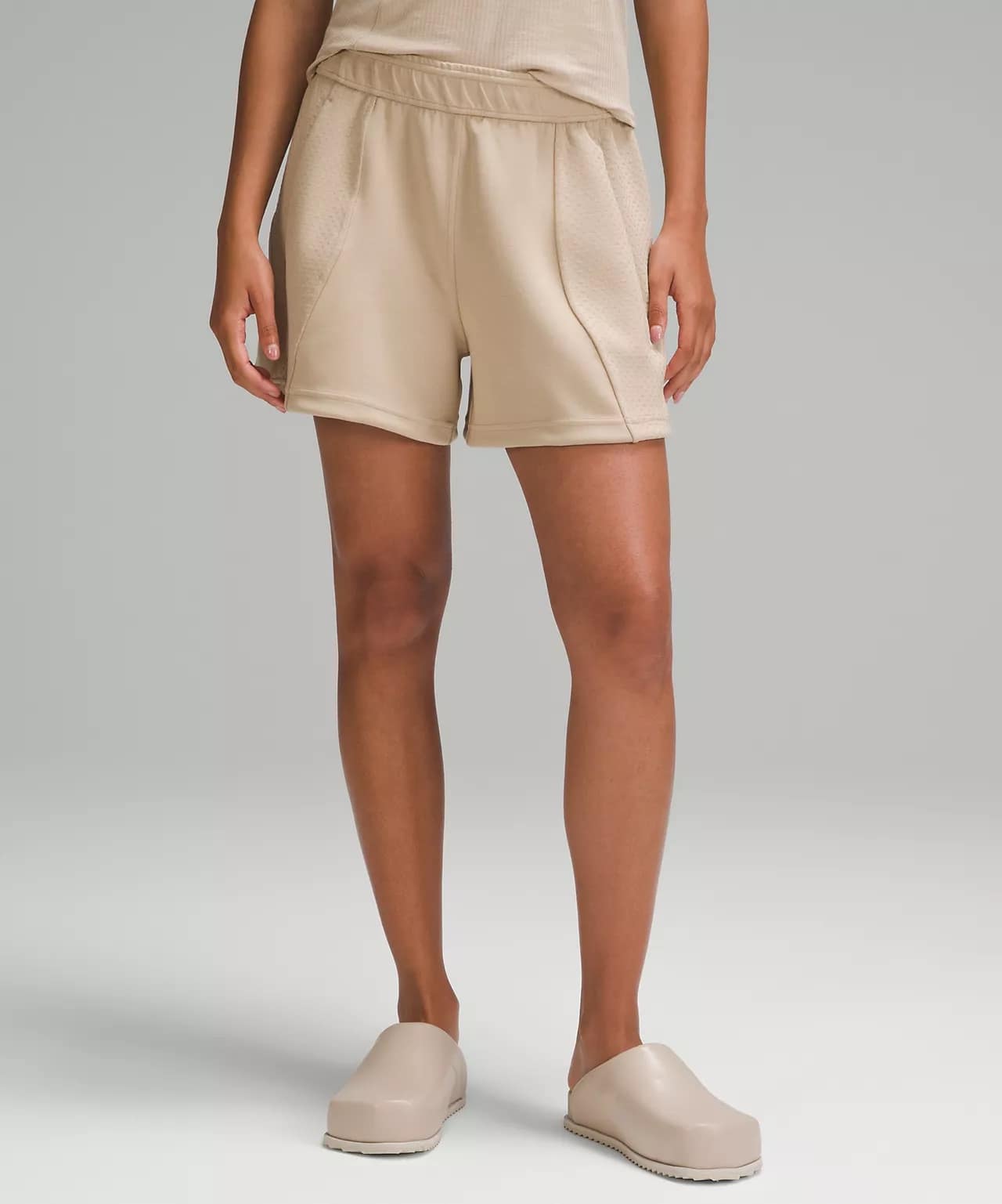 front details of Embossed Panel High-Rise Short lululemon shorts in beige