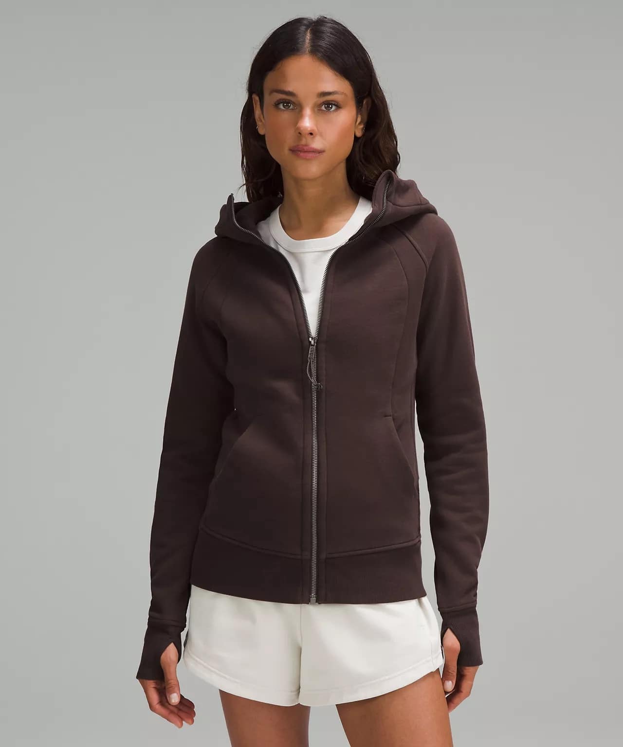 woman in Scuba Full-Zip Hoodie espresso and white lululemon shorts