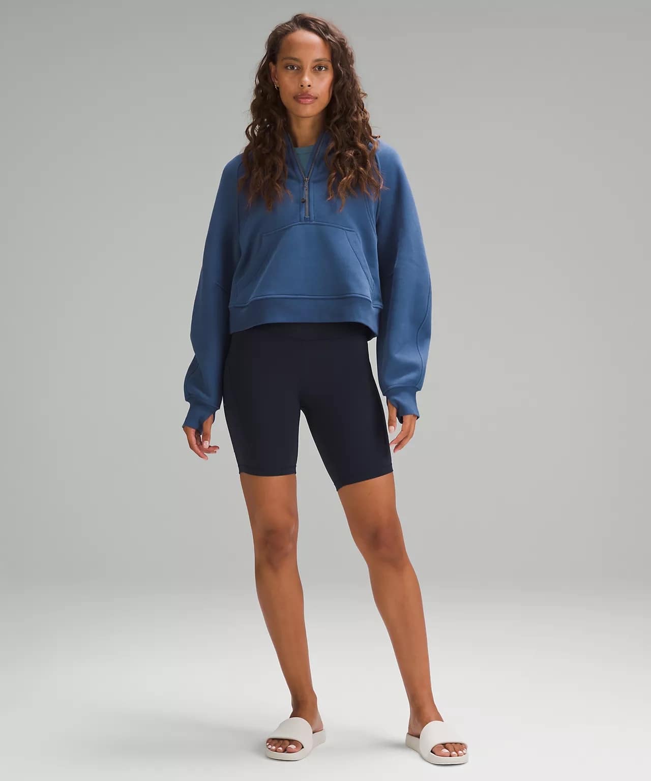 front details of Scuba Oversized Half-Zip Hoodie - pitch blue back details and lullulemon shorts
