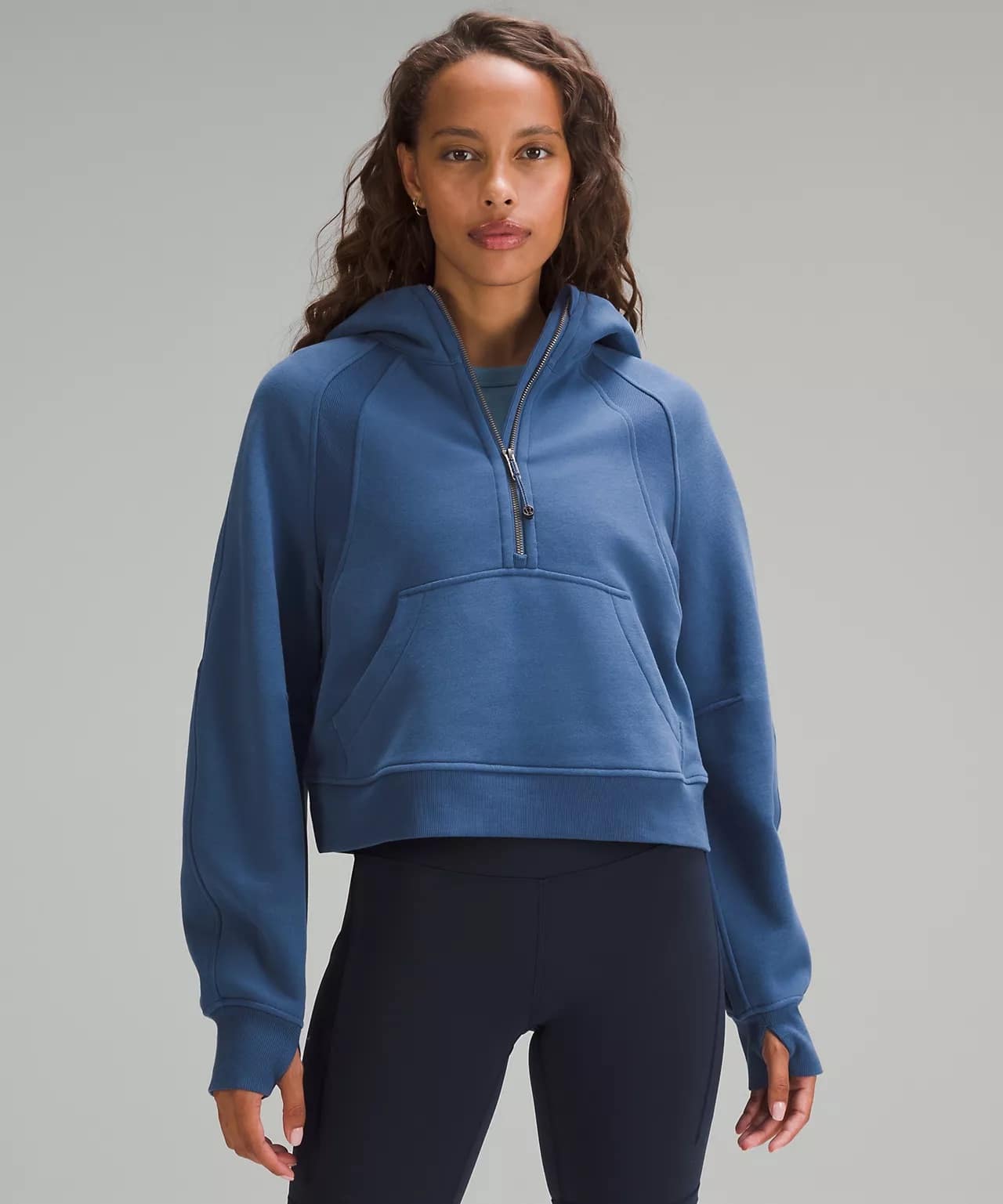 woman wearing Scuba Oversized Half-Zip Hoodie - pitch blue and scuba lululemon shorts